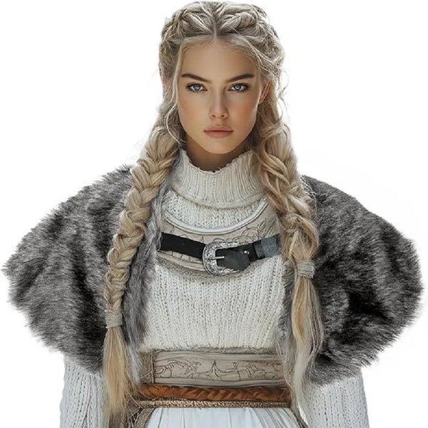 Women Medieval Warrior Viking Faux Fur Shoulder Wrap Collar Shawl Cape Costume
