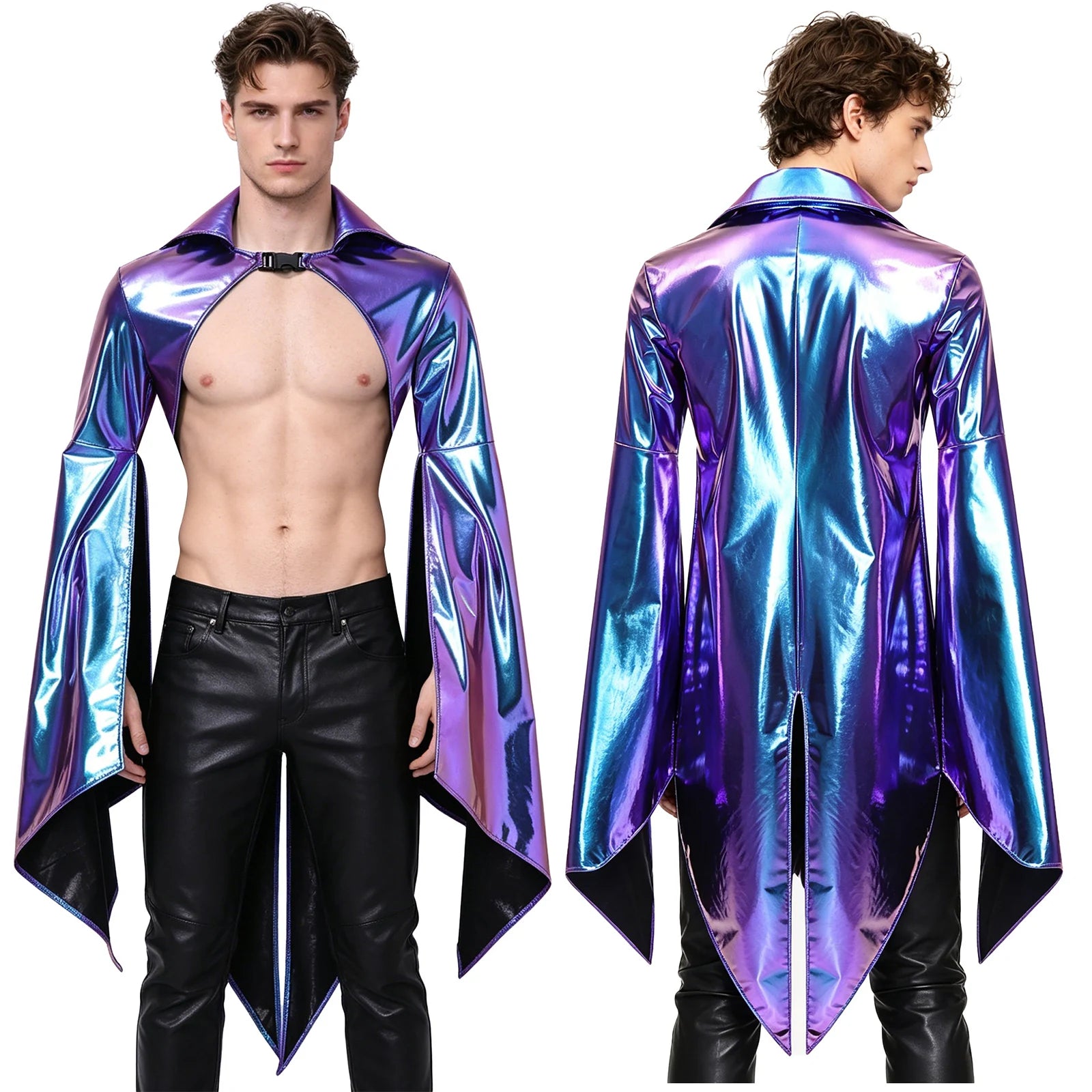 Men's Holographic Glossy Shoulder Armor Tops Fly Sleeve Jacket Tailcoat Costume - alternate view 4