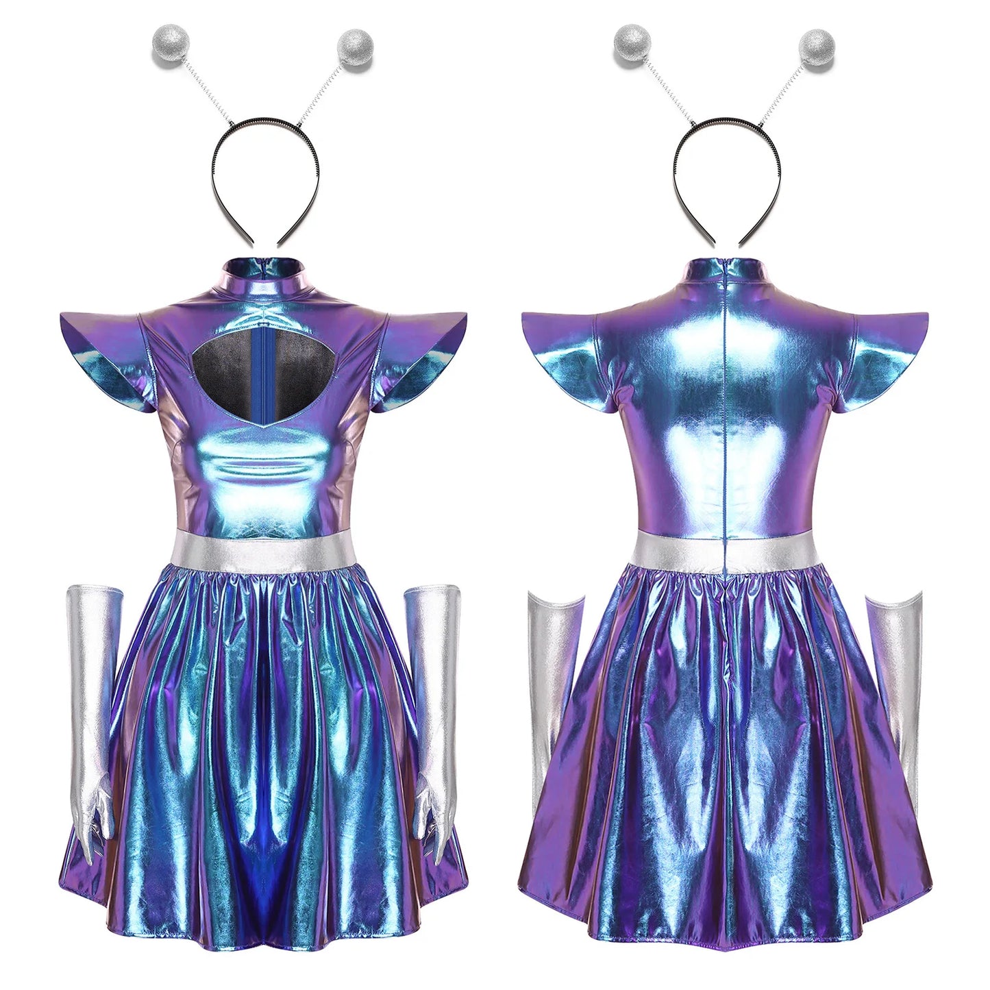 Adult Women Alien Outerspace Halloween Costume Dancewear Sleeveless Space Cadet Leotards - B-Silver / 3XL