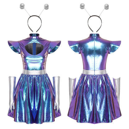 Adult Women Alien Outerspace Halloween Costume Dancewear Sleeveless Space Cadet Leotards - B-Silver / 3XL