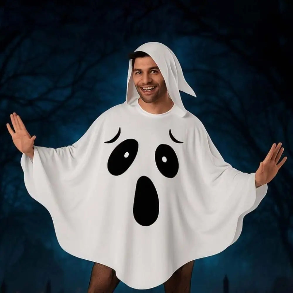 Halloween Ghost or Pumpkin Poncho – White & Orange Costume Cape
