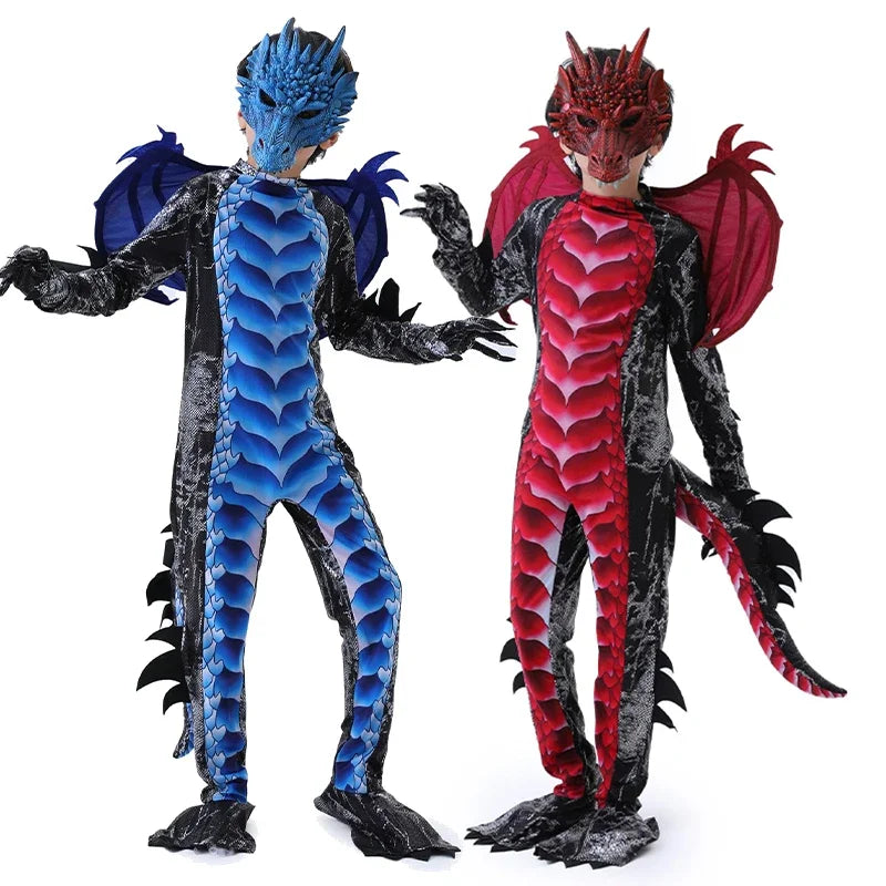 Dragon Jumpsuit With Wing And Mask Outfit Child Boys Black Blue Dragon Costume Dress