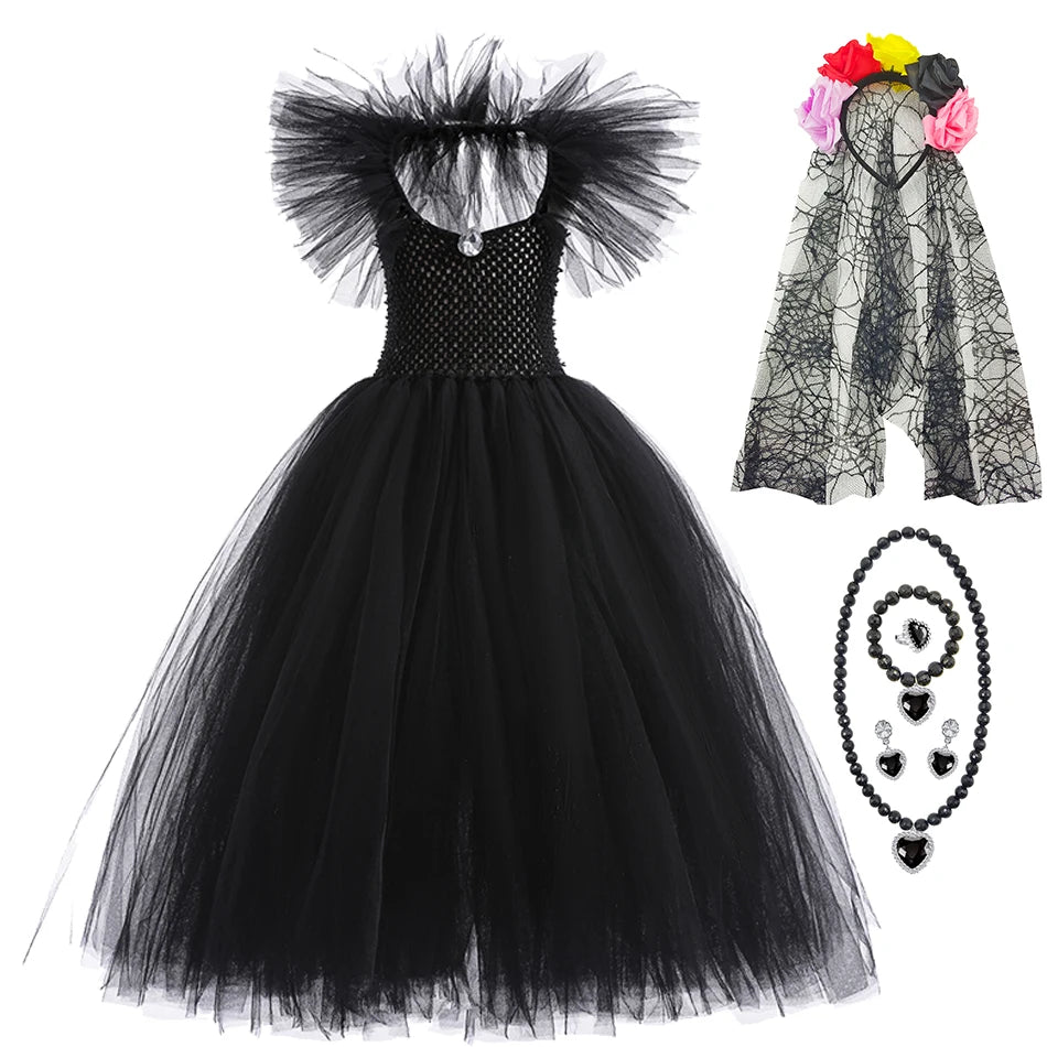 Kids' Horned Dark Fairy Queen Evil Witch Black Tulle Fantasy Costume - alternate view 8