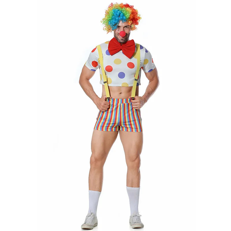 Clown Costume Magic Trick Prop Headwear Top Rompers Bowknot Red Rose 5pcs Set Comic Jester - MULTI / XL