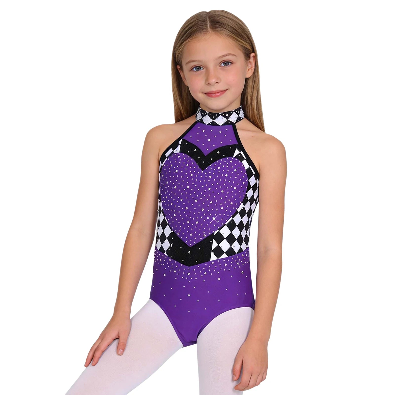 Kids Girls Circus Ringmaster Clown Costume Halter Rhinestone Checked Skirted Leotard - Red A / 6