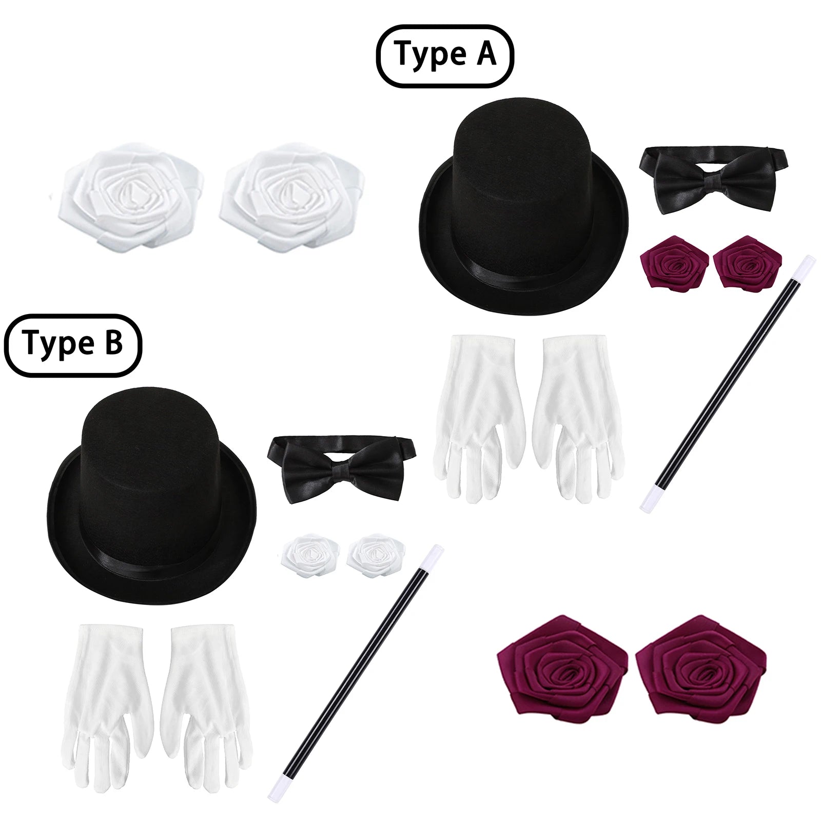 Magician Accessories Bowler Hat Satin Bow Tie Ribbon Roses And Magic Wand Gloves - alternate view 2