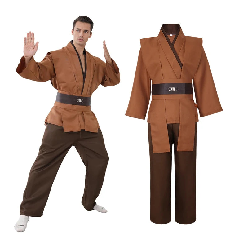 Men's Halloween Jedi Knight Costume Robe Adult Male Tunic Costume Hooded Uniform Full Set - Costume Set / L