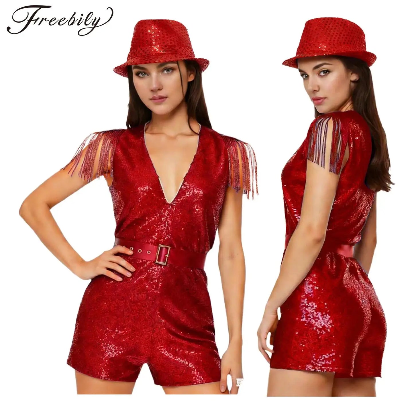 Women's Hip Hop Jazz Dance Sleeveless V-neck Sequin Tassels Jumpsuit with Costume