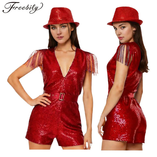 Women's Hip Hop Jazz Dance Sleeveless V-neck Sequin Tassels Jumpsuit with Costume