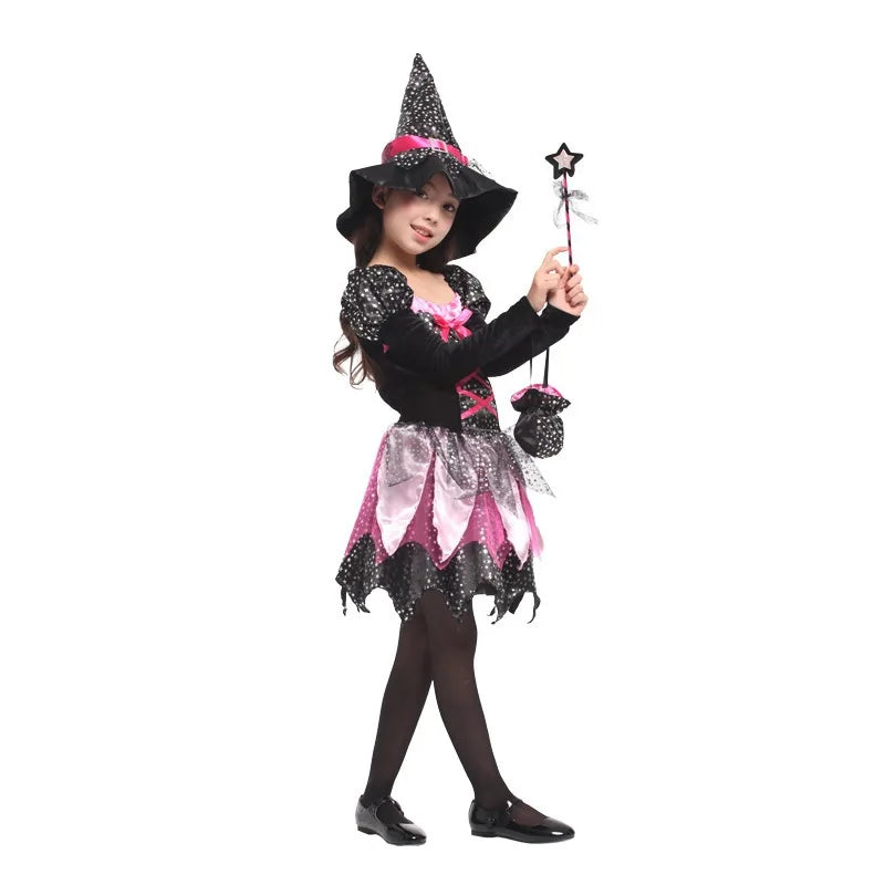Kids Halloween Witch Costume for Girls Evil Lovely Witch Vestidos Set Dress Hat Magic Wand - Dress 2 / 2T(TAG 100)