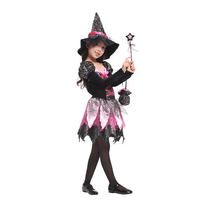 Kids Halloween Witch Costume for Girls Evil Lovely Witch Vestidos Set Dress Hat Magic Wand - Dress 2 / 2T(TAG 100)