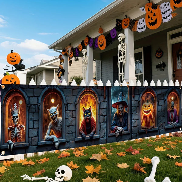 Halloween Horror Stone Window Fence Banner, Skeleton Witch Black Cat Werewolf Pumpkin Long Hanging Flag Yard - product image 1