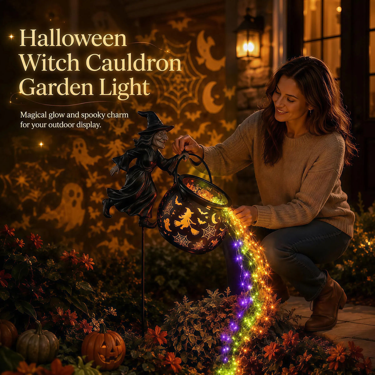 Solar Witch Cauldron Garden Stake Light, 100 LED, 33.5"