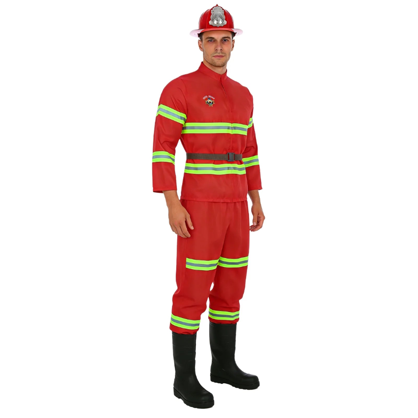 Men's Firefighter Firefighting Heroes Halloween Costume Plastic Helmet Sleeve Fireman - Red / 160