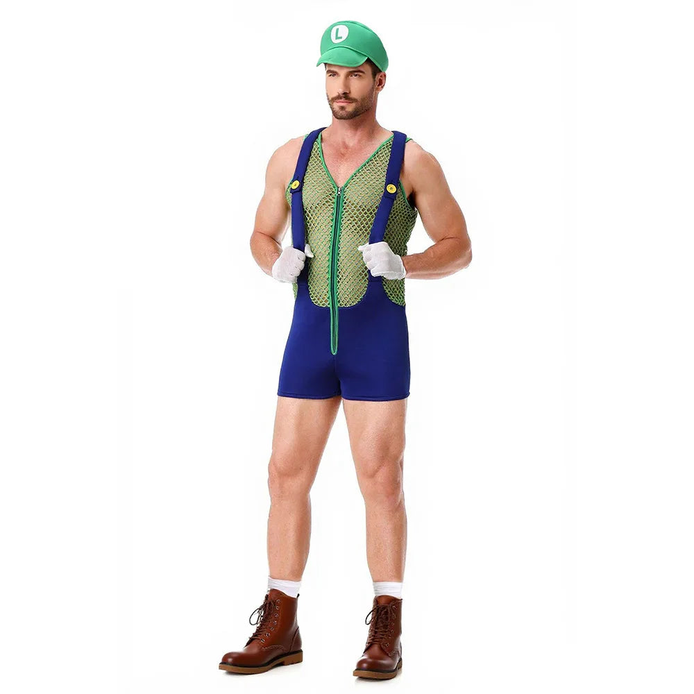 Adult Halloween Anime Cartoon Costume with Hat Sexy Men Red Blue Super Plumber Brother - Green 3 Piece Set / M