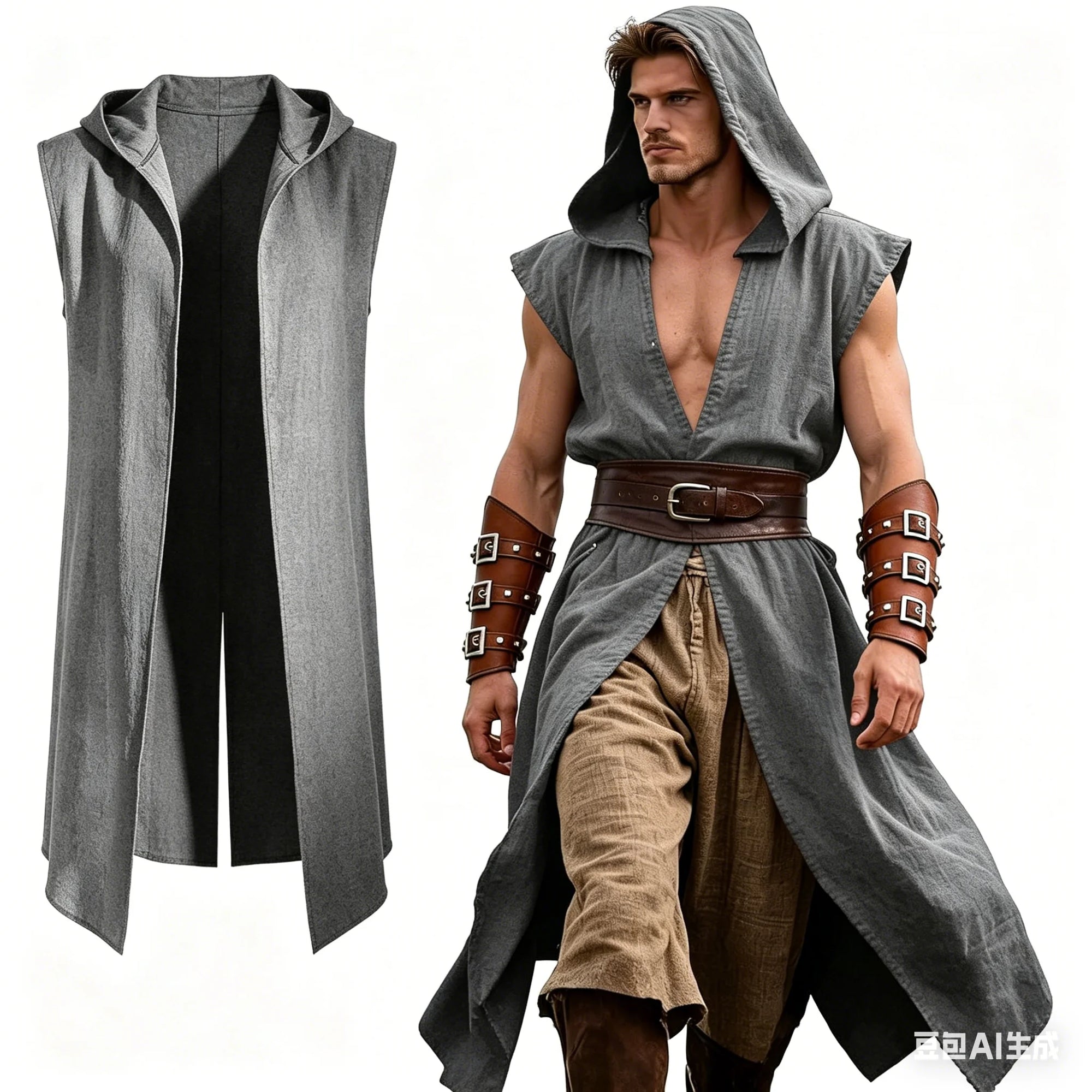 Medieval Costume Men Viking Hooded Sleeveless Surcoat, Mens Renaissance Costume Cloak for Halloween Assassin - product image 8