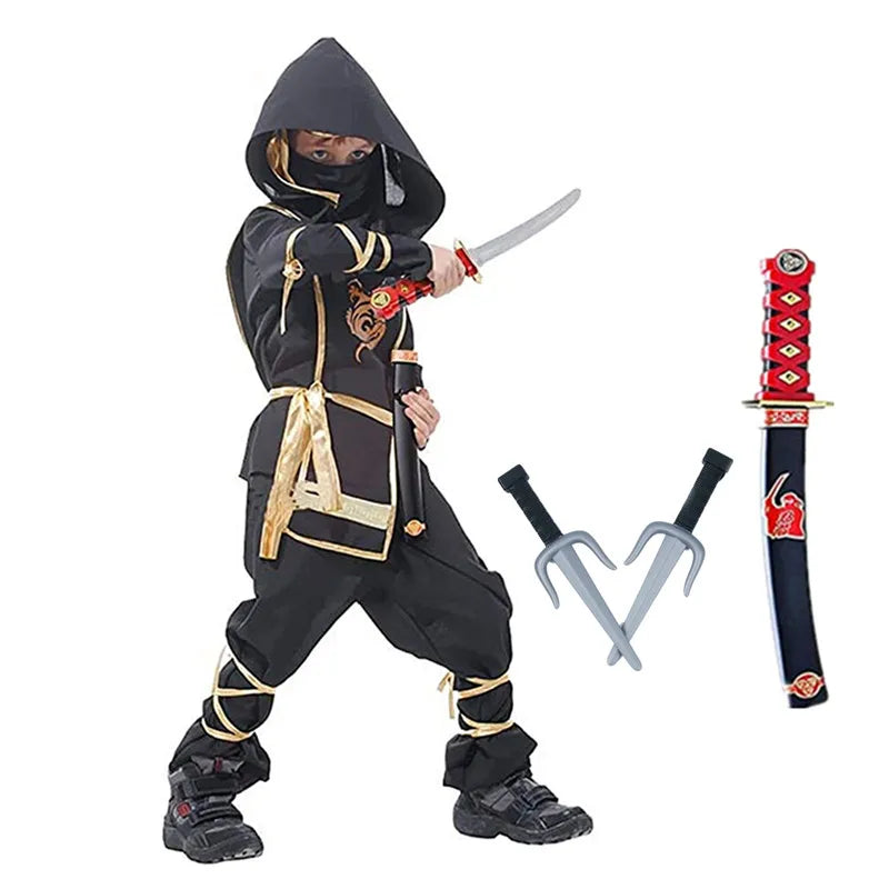 Black Ninja Costume Boy Halloween Japanese Samurai Costume Kid Anime Muscle Costume With