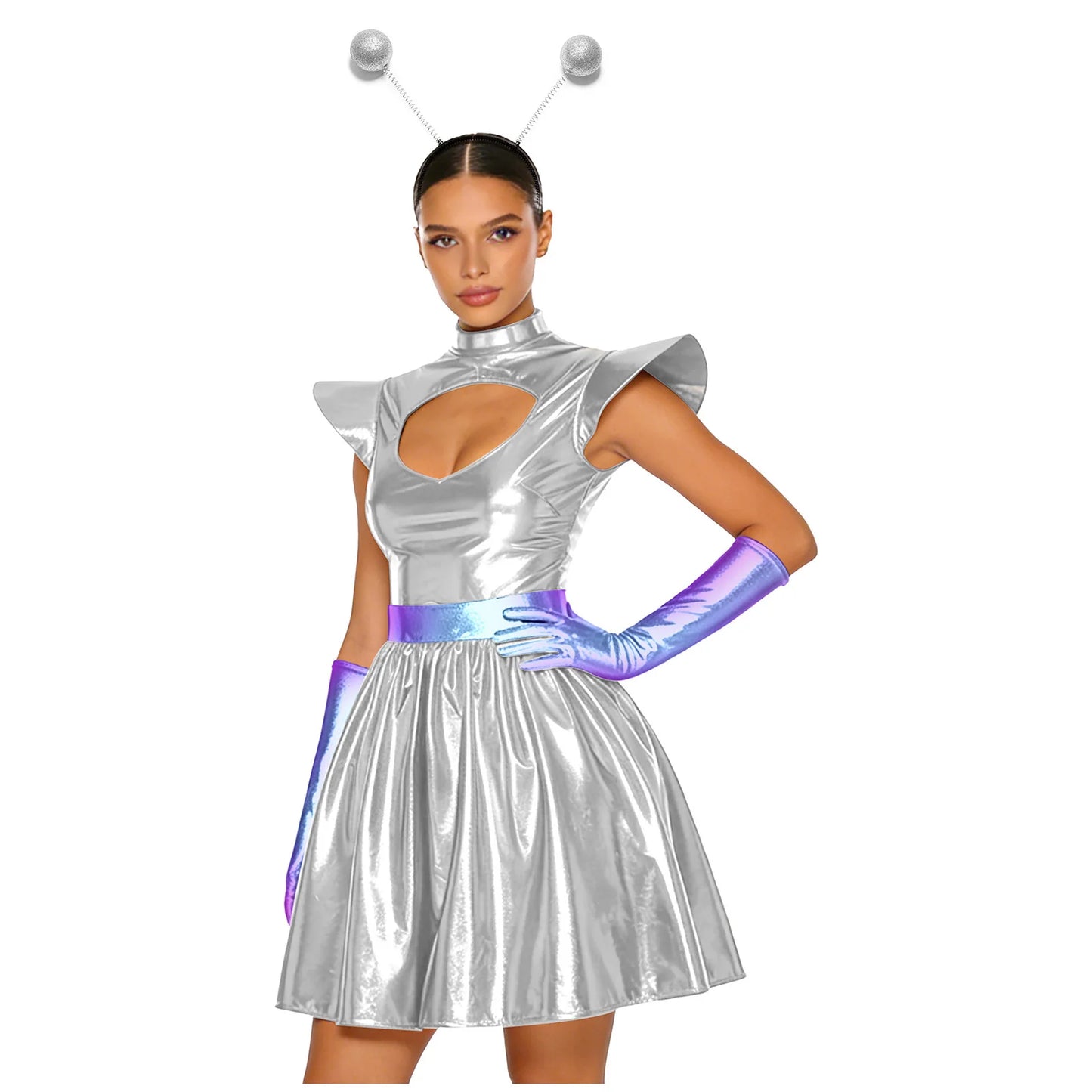 Adult Women Alien Outerspace Halloween Costume Dancewear Sleeveless Space Cadet Leotards - B-Blue / L