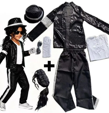 2026  MJ Michael Jackson Thriller Kids Costume  Red   Black Leather Jacket Pants Boys Halloween Stage Cosplay Outfit