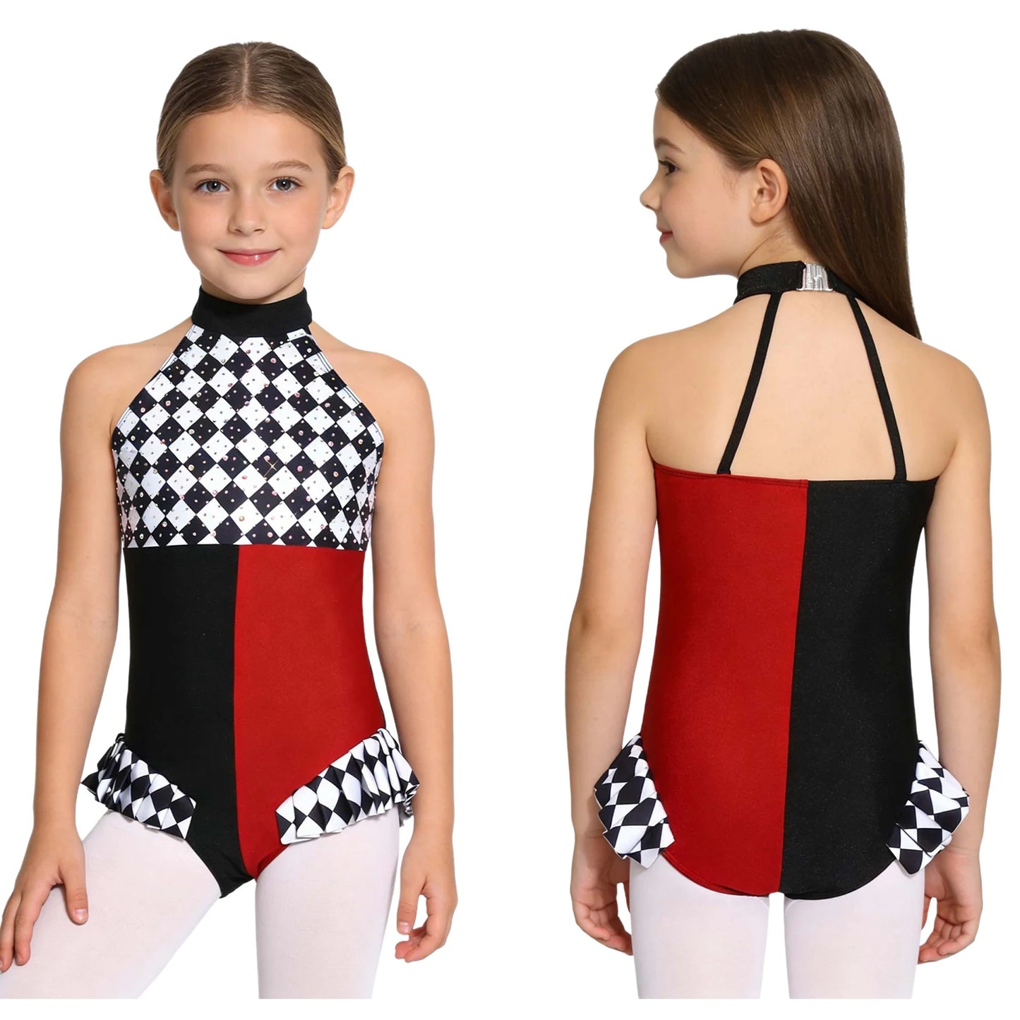 Kids Girls Circus Clown Mad Hat Costume Rhinestones Halter Sleeveless Plaid Jumpsuit - Purple A / 8