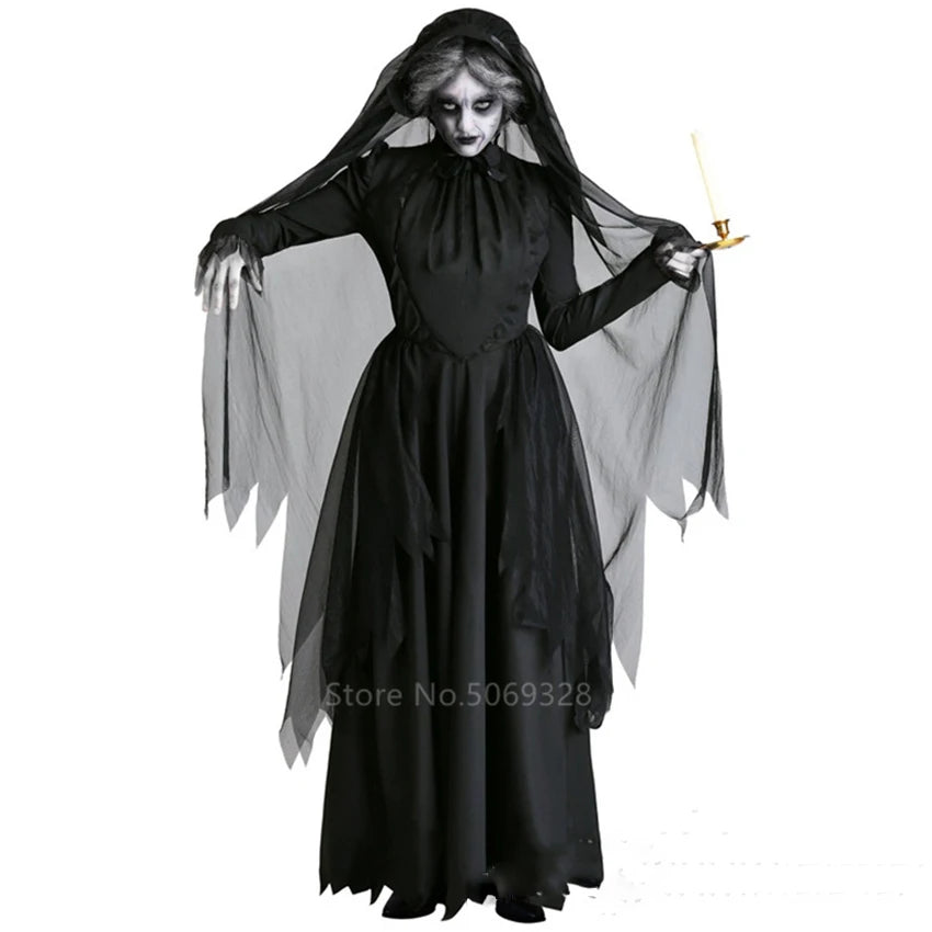 Witch Women Scary Zombie Vampire Halloween Costume Horror Spooky Ghost Sexy Dress+Colak Medieval Hooded Cape Day Of The Dead