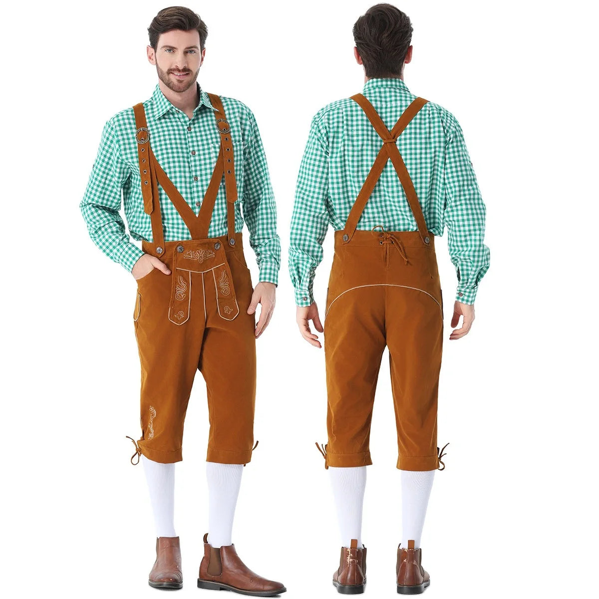 Men's Bavarian German Beer Suspenders Short Sleeve Halloween Costume - Grey Hat / XXL
