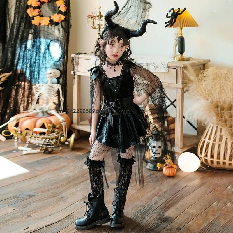 Halloween Enfant Demon Costume Witch Black Outfit Gothic Stage Show Vampire Dress with - 5PC / XXL 140cm
