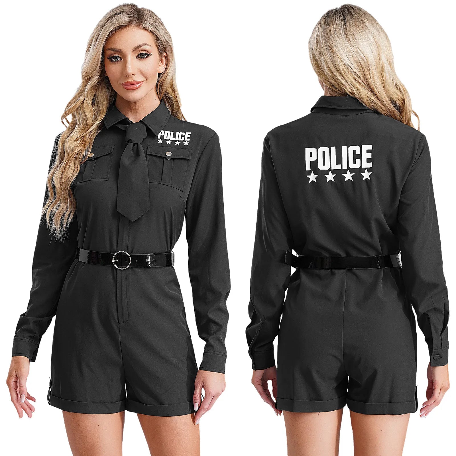 Women's Halloween Policeman Costume Sexy Dirty Cop Police Officer Uniform Sleeve Zipper - Black C / S