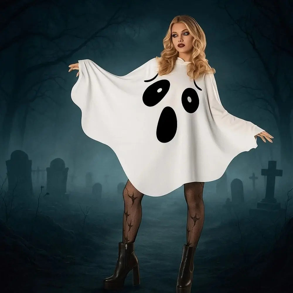 Halloween Ghost or Pumpkin Poncho – White & Orange Costume Cape