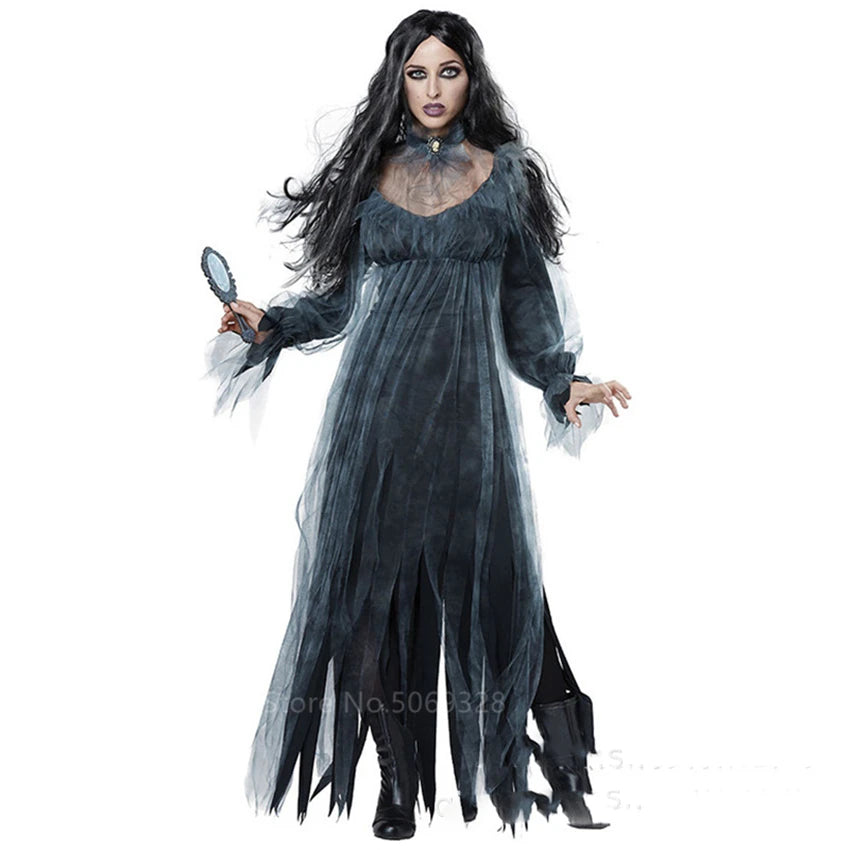 Witch Women Scary Zombie Vampire Halloween Costume Horror Spooky Ghost Sexy Dress+Colak Medieval Hooded Cape Day Of The Dead