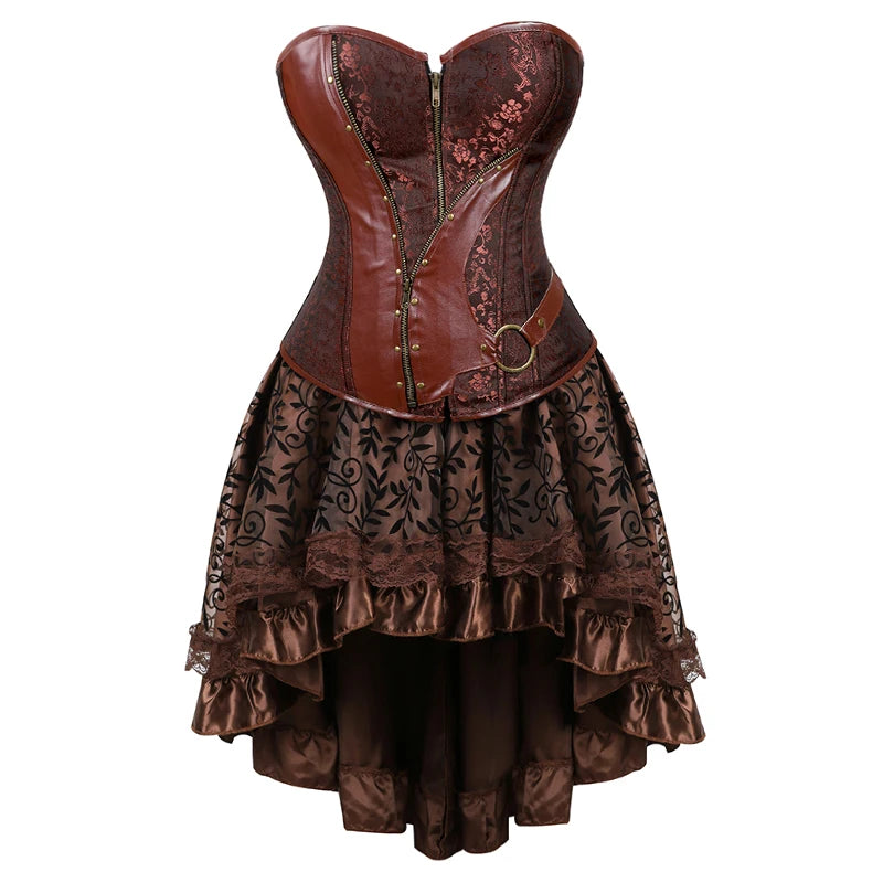 Steampunk Corset Dress Brown Pirate Costume Woman Skirt Plus Size Gothic Underbust
