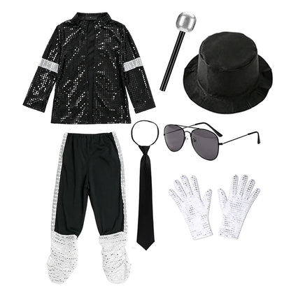 Kids Boys Michael Jackson Inspired Costume Set with Full Accessories for Dance Performance and Halloween Party