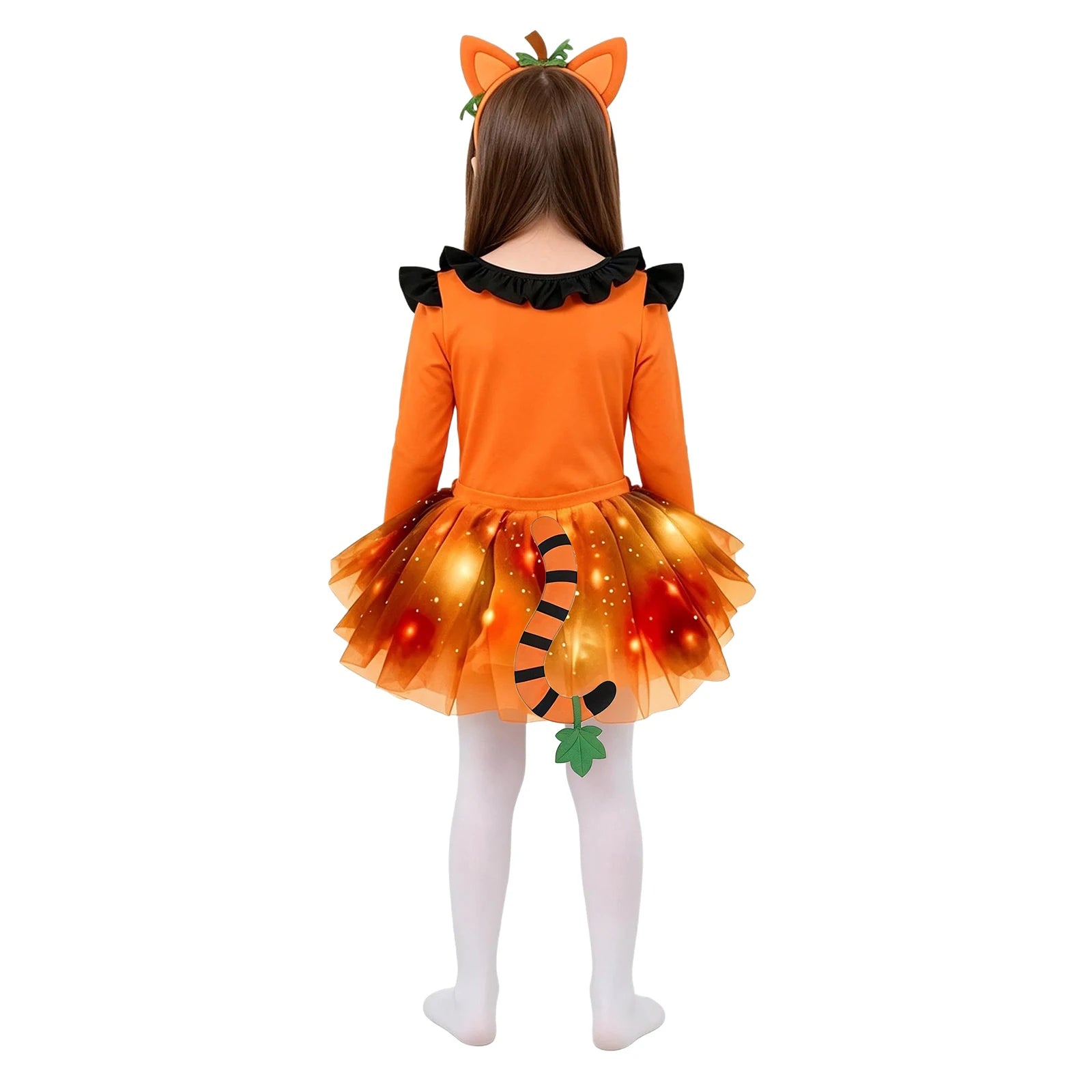 Girls Halloween Costume Sleeve Bodysuit with Mesh Ruffled Layered Tutu Skirt Headwear Faux - Black / S