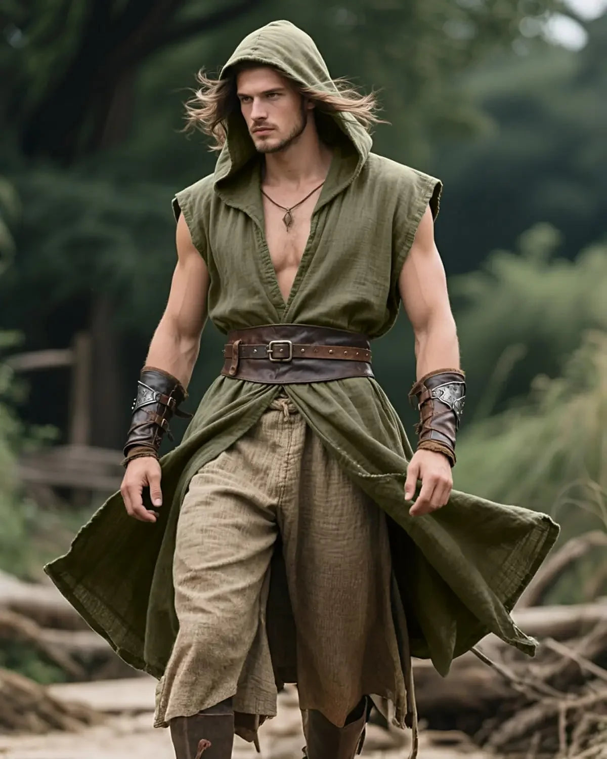 Men's Medieval Hooded Surcoat Renaissance Tabard Sleeveless Tunic Cloak Viking Costume - black / XXL