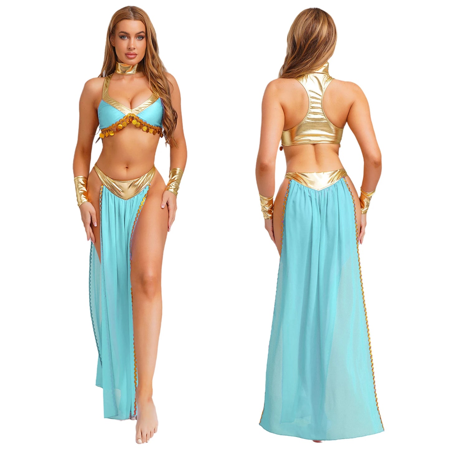 Women Halloween Cleopatra Ancient Egyptian Queen Sun Goddesses Cosplay Costume Crop Top with Skirt Belly Indian Dance Outfit