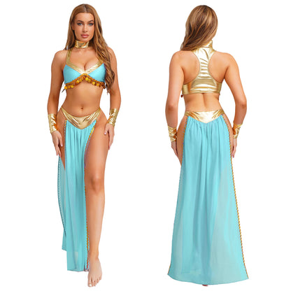 Women Halloween Cleopatra Ancient Egyptian Queen Sun Goddesses Cosplay Costume Crop Top with Skirt Belly Indian Dance Outfit