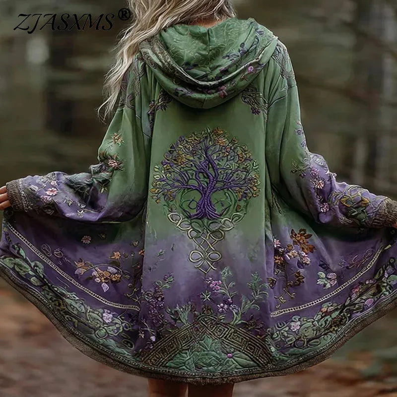 Halloween Costume Women's Pattern Print Retro Trench Coat Loose Hooded Cardigan Autumn - Green / XXL