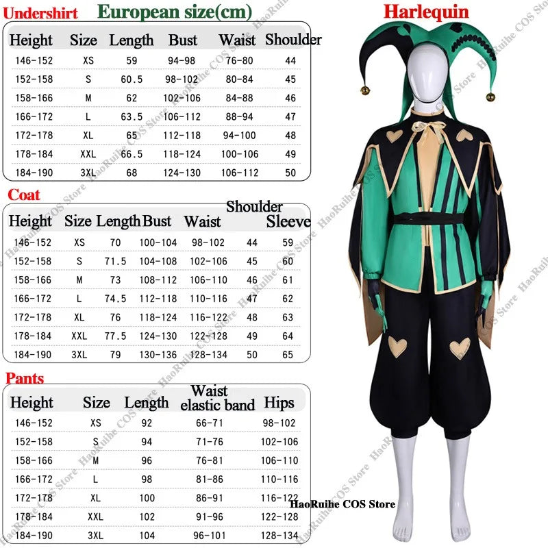 The Freak Circus Harlequin Costume Adult Clown Tops Pants Mask Gloves Joker Green Uniform - One size wig / M