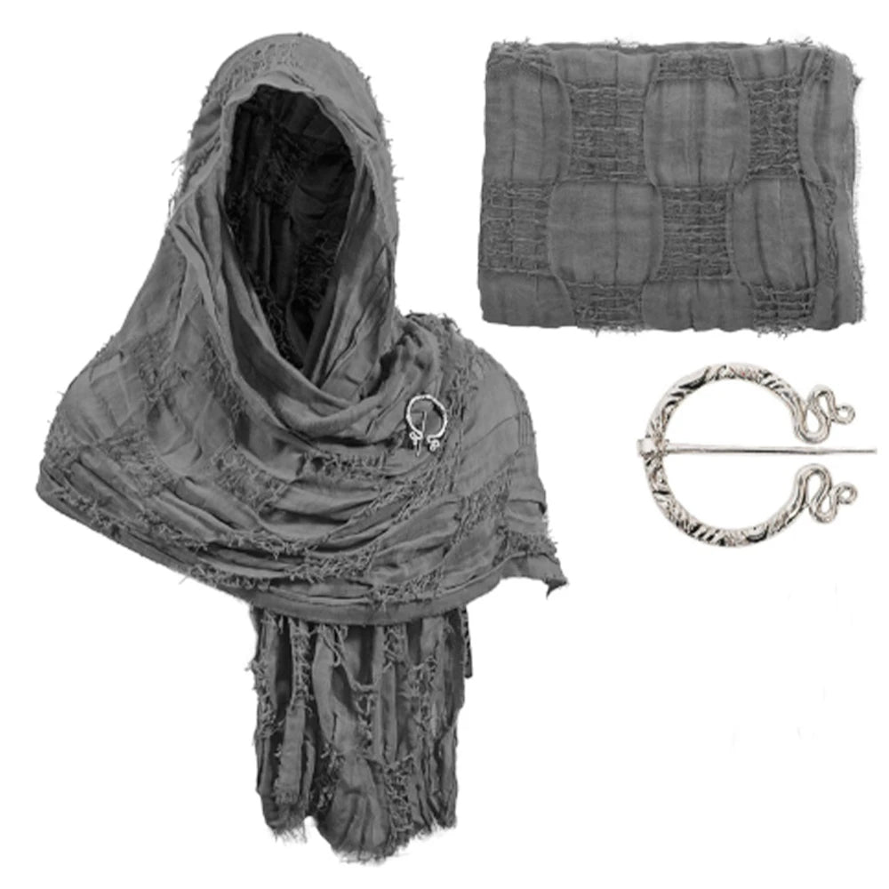 Wrap Dune Wasteland Hooded Shawl With Viking Brooch | Cowl Scarf Rogue Medieval