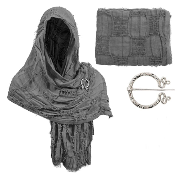 Wrap Dune Wasteland Hooded Shawl With Viking Brooch | Cowl Scarf Rogue Medieval