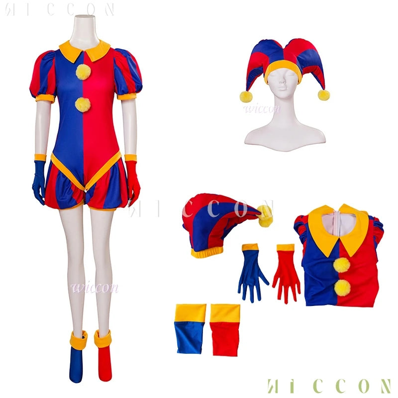 Circus Clown Costume Wig Halloween Cute Pommni Hat Cartoon Onesie Red and Blue Stripe - Costume / S