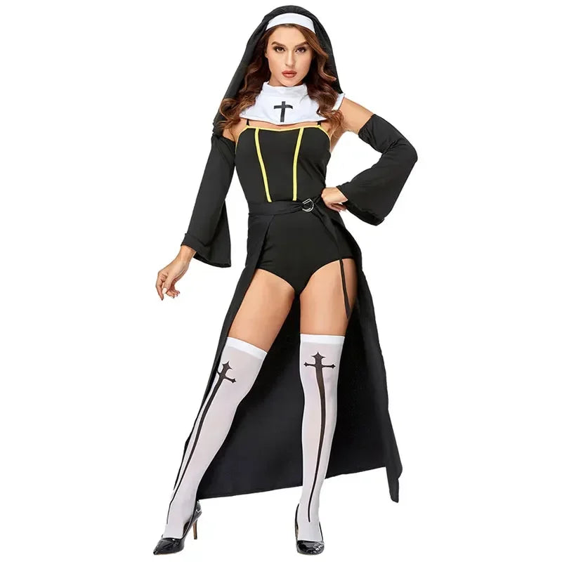 2026 Women Church Religious Sister Bad Habit Sexy Nun Costume  Adult Halloween Party Cosplay Uniform Fancy Black Dress
