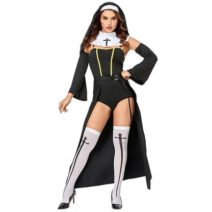 2026 Women Church Religious Sister Bad Habit Sexy Nun Costume  Adult Halloween Party Cosplay Uniform Fancy Black Dress