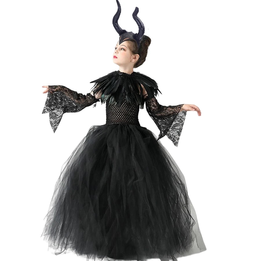 Kids' Horned Dark Fairy Queen Horned Dark Fairy Queen Evil Queen Witch Devil Black Tulle Halloween Costume - 4 pcs Set C / 2-3Y