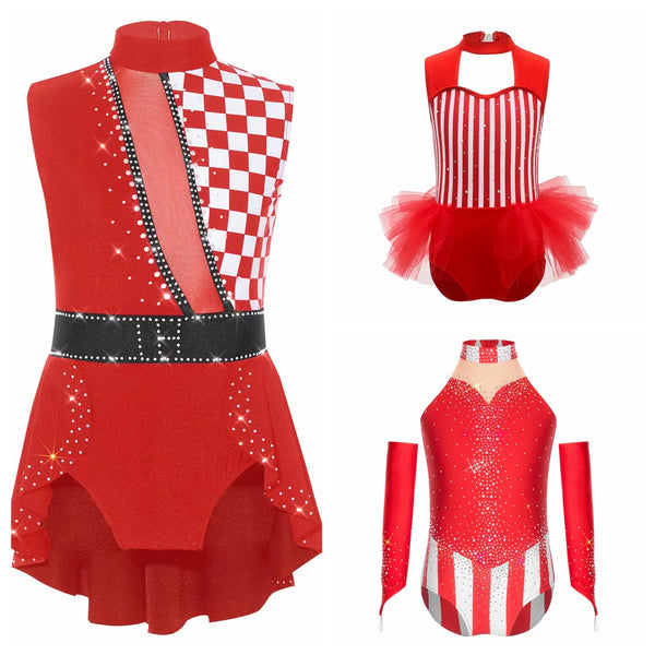 Kids Girl Circus Clown Sleeveless Dance Leotard Ringmaster Magician Jumpsuit Halloween - Red B / 8