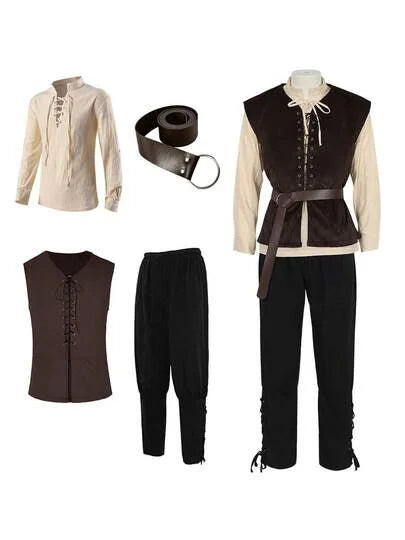 Men's Medieval Renaissance Vest Shirt Ankle Banded Pants Viking Halloween Costume - black / M