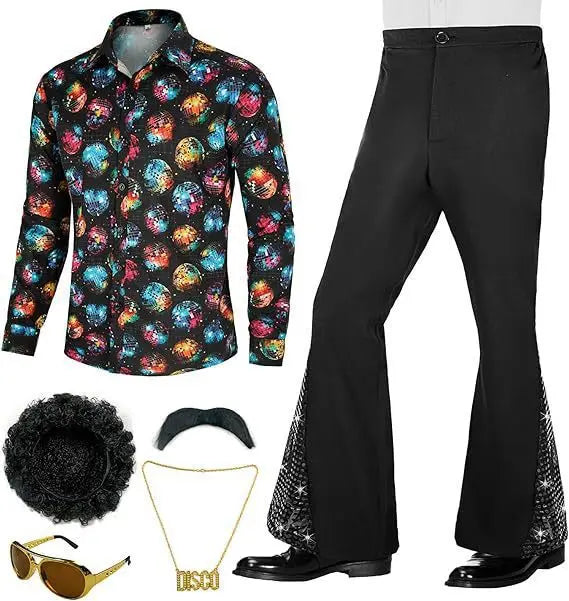 Men's Disco 70S Retro Printed Shirts Bell-Bottom Pants Afro Costume - alternate view 8