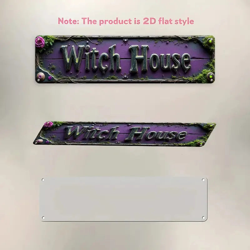 Witch House Purple Mossy Fantasy Tin Sign, Gothic Halloween Metal Wall Decor for Home, Witchcraft Room, Spooky Rustic Iron Plaqu