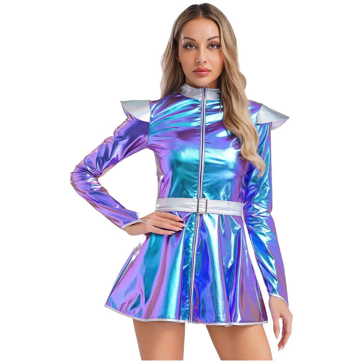 Woman's Outerspace Astronaut Alien Robot Cosplay Costume Metallic Long Sleeve Zip Up A Line Dance Dress for Theme Club Party