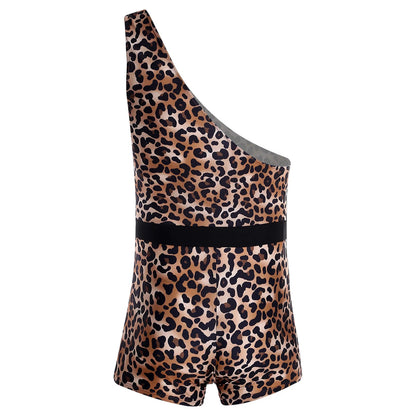 Men Halloween Primitive Man Caveman Strongman Costume One Shoulder Printed Bodysuit with - Leopard / M